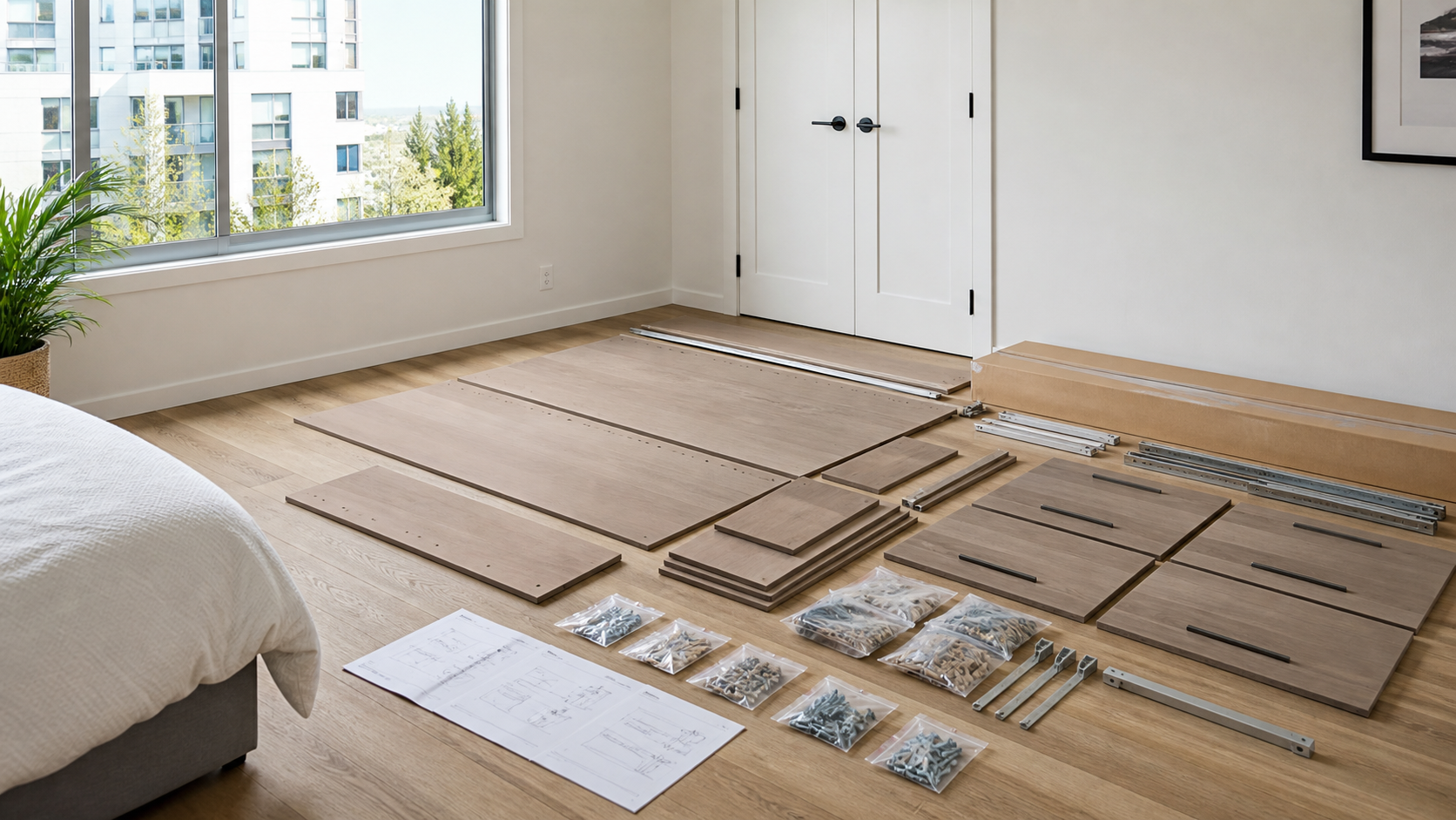 Flat-pack wardrobe before assembly