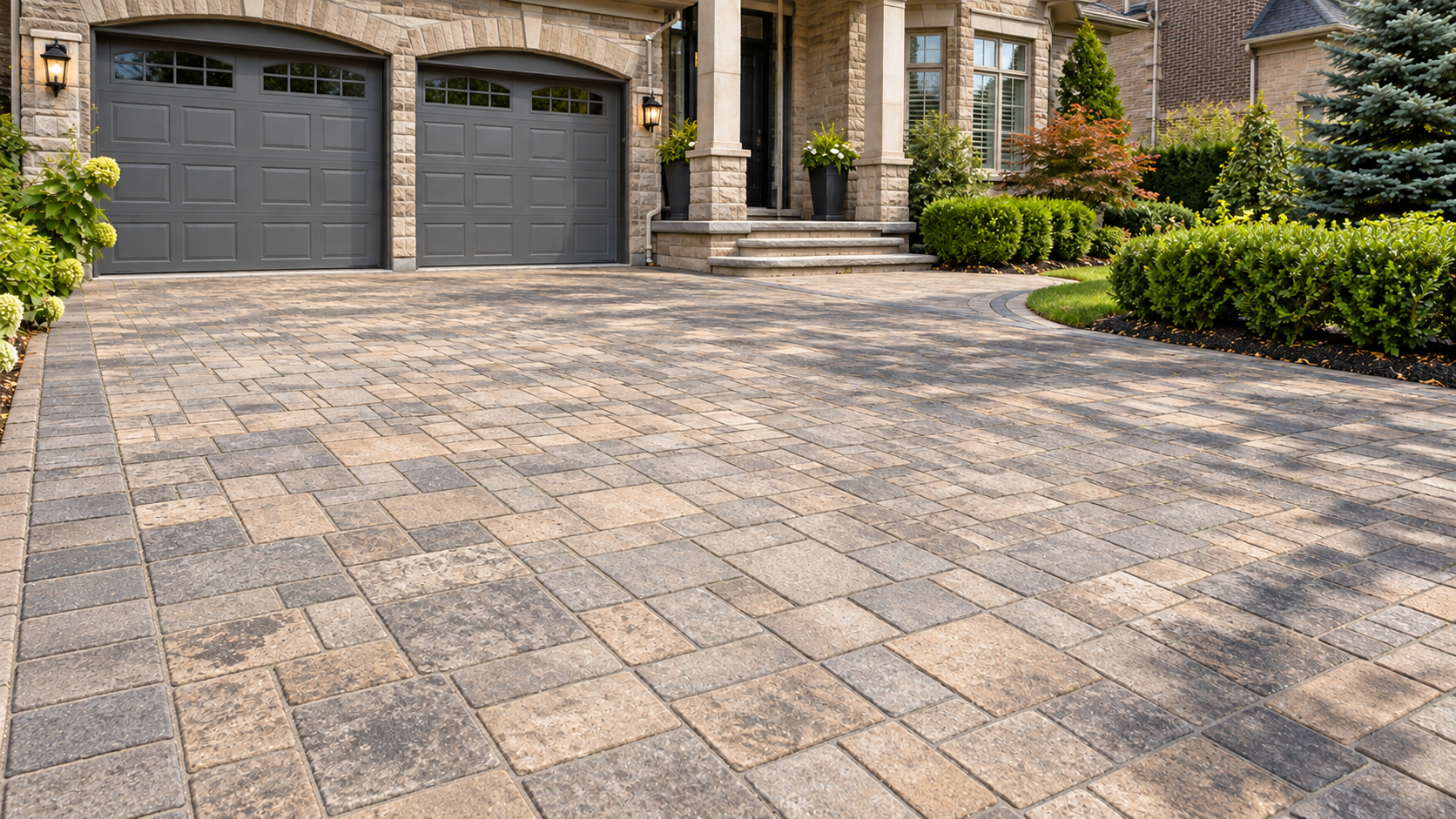 Clean pressure-washed interlock with freshly filled polymeric-sand joints in daylight