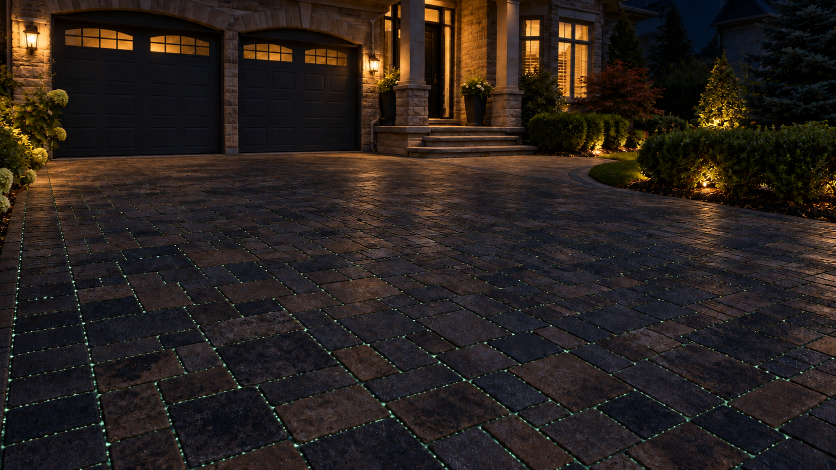 Clean interlock at night with a natural pale green glow from photoluminescent granules in the joints