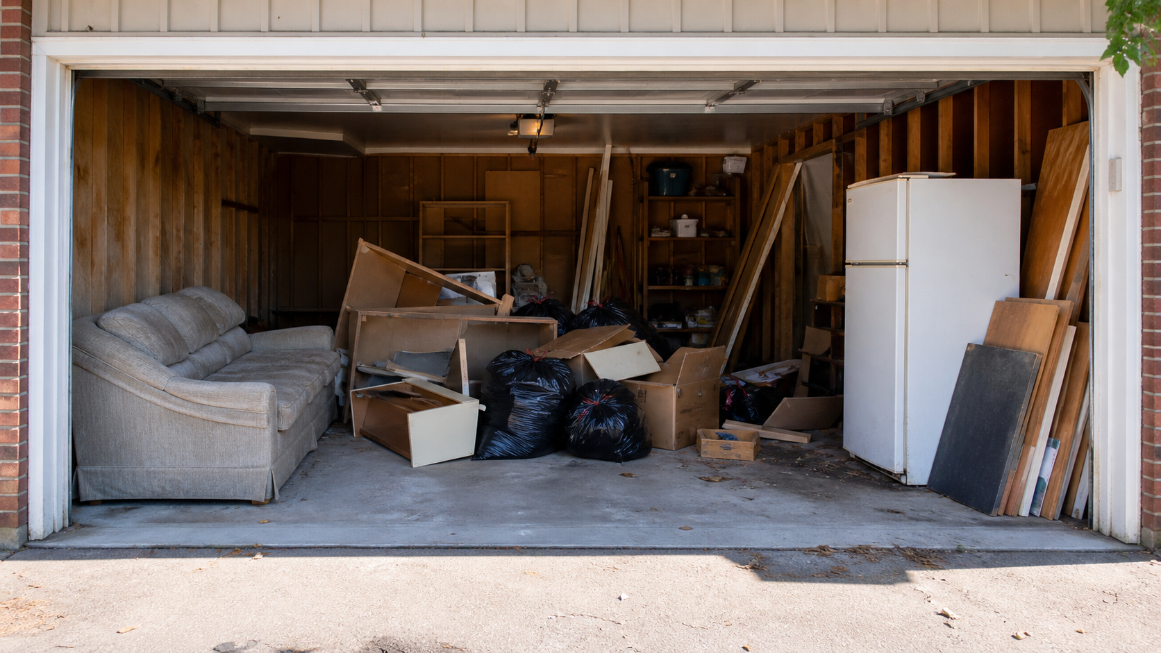 Cluttered garage before junk removal