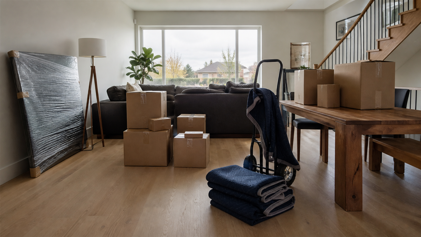 Packed living room before a careful move