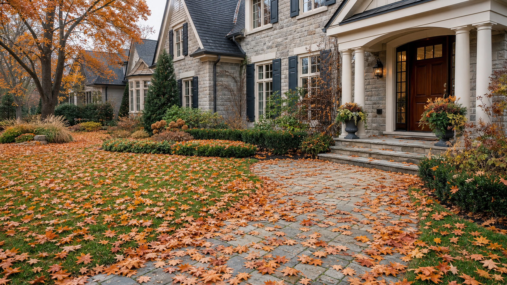 Leaf-covered property before seasonal cleanup