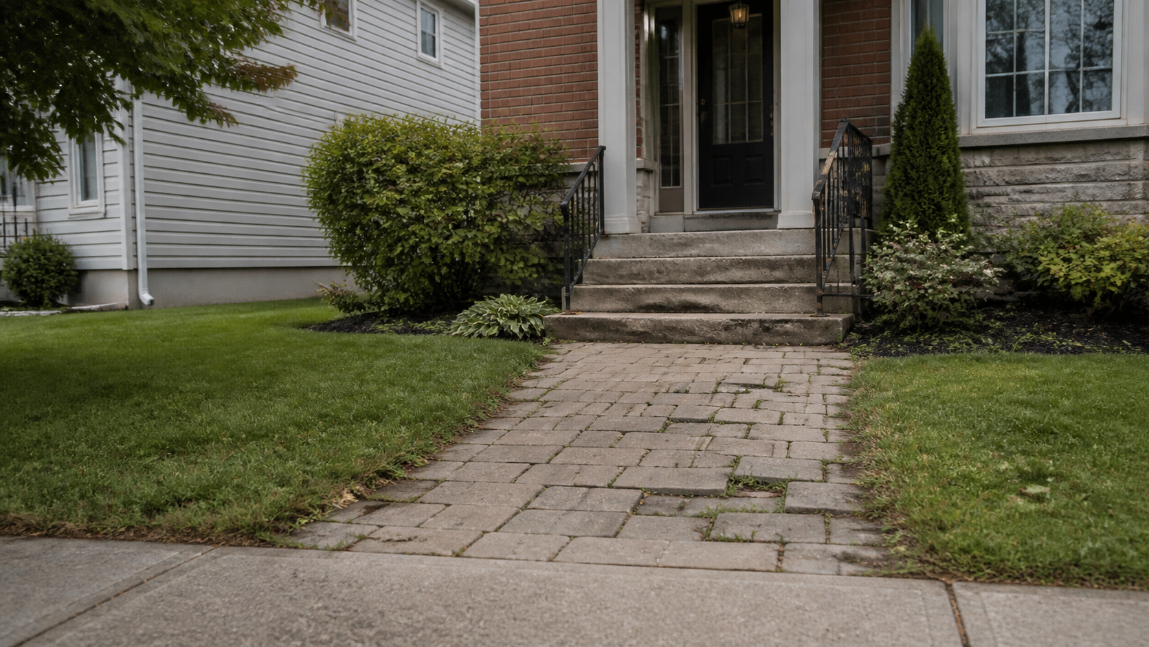 Uneven walkway and worn steps before repair